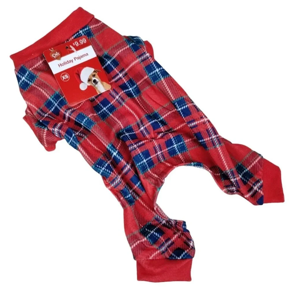 Pet Central Dog XS 8 inch Red Tartan Plaid Pajamas
